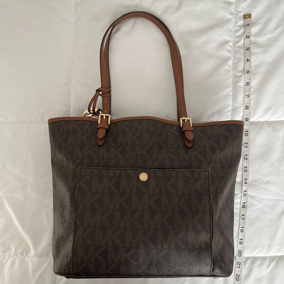Michael Kors Jet Set MK Signature Brown Medium Top Zip Snap Pocket Tote - Picture 2 of 15